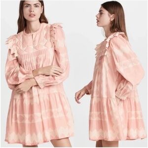 SEA NY Helena Printed Quilt Tunic Babydoll Long Sleeve Mini Dress in Blush Pink